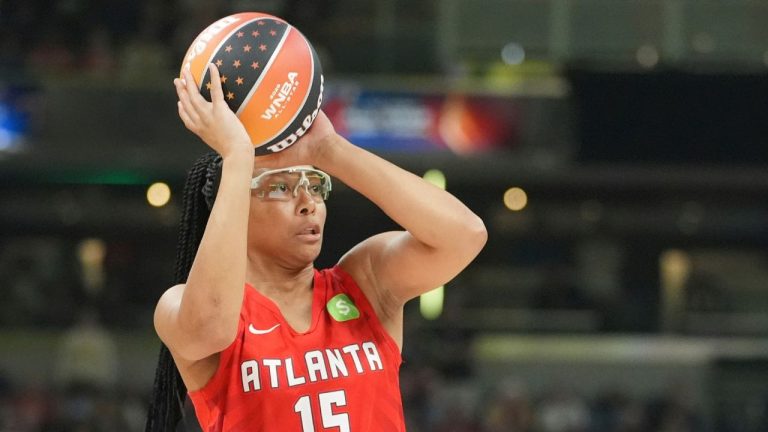 Atlanta Dream's Allisha Gray shoots during the 3-point contest at the WNBA All-Star basketball weekend, Friday, July 18, 2025, in Indianapolis. (Michael Conroy/AP)