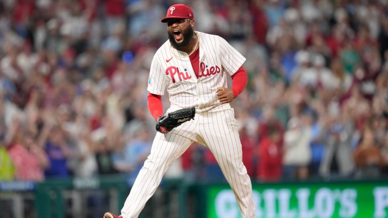 Philadelphia Phillies' José Alvarado reacts during a baseball game, Tuesday, April 29, 2025, in Philadelphia. (Matt Slocum/AP)