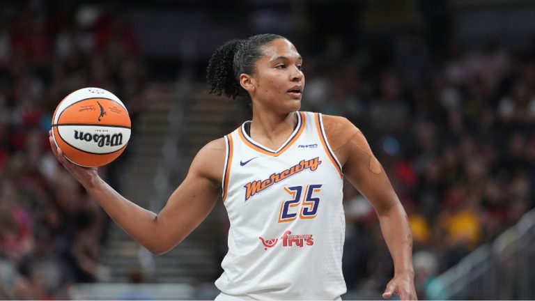 Phoenix Mercury forward Alyssa Thomas (25) plays against the Indiana Fever in the first half of a WNBA basketball game in Indianapolis, Wednesday, July 30, 2025. (Michael Conroy/AP)