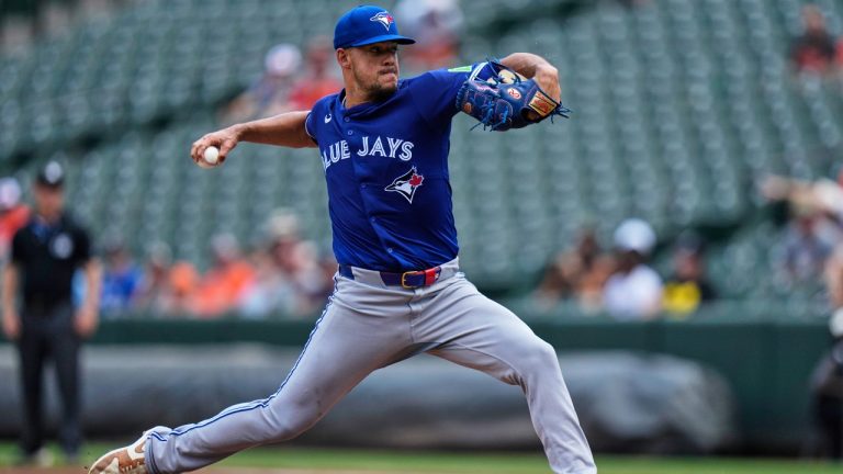 Toronto Blue Jays starting pitcher Jose Berrios delivers during the first inning of a baseball game against the Baltimore Orioles, Wednesday, July 30, 2025, in Baltimore. (Stephanie Scarbrough/AP)