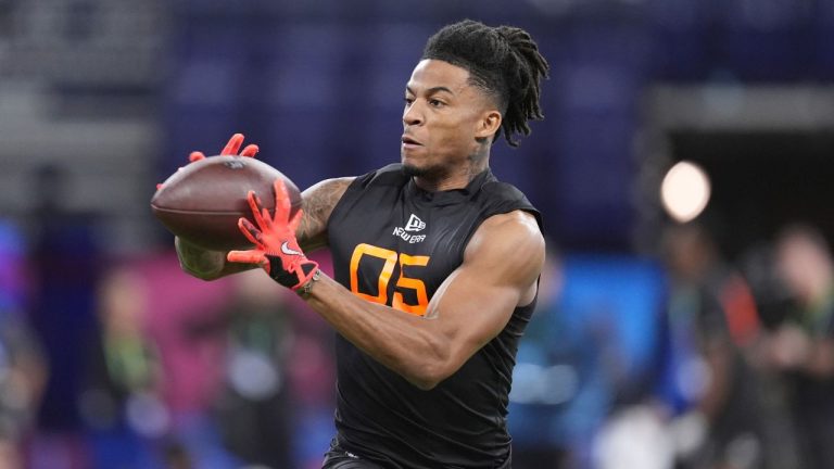 Texas wide receiver Isaiah Bond runs a drill at the NFL football scouting combine in Indianapolis, Saturday, March 1, 2025. (Michael Conroy/AP Photo)