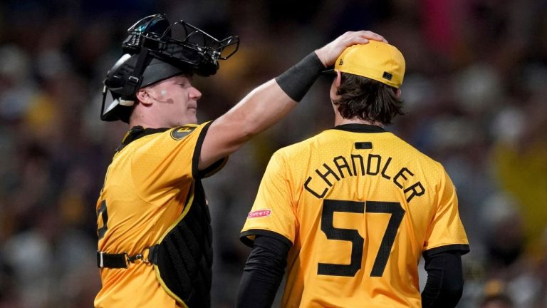 Pittsburgh Pirates pitcher Bubba Chandler, right, celebrates with catcher Henry Davis, left, after getting the final out of a baseball game against the Colorado Rockies Friday, Aug. 22, 2025, in Pittsburgh. (Matt Freed/AP)