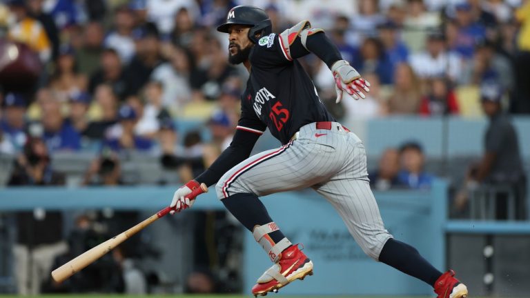 Minnesota Twins' Byron Buxton watches his single during the second inning of a baseball game against the Los Angeles Dodgers Tuesday, July 22, 2025, in Los Angeles. (Eric Thayer/AP)