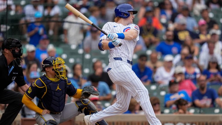 Chicago Cubs' Owen Caissie (19) hits his first major league career home run during the sixth inning in the first baseball game of a doubleheader against the Milwaukee Brewers, Tuesday, Aug. 19, 2025, in Chicago. (Erin Hooley/AP)