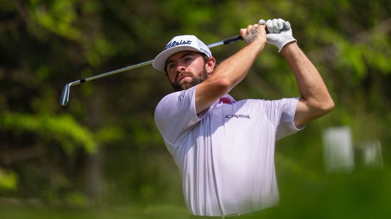 Cameron Young tees off from the 11th hole during the final round of the RBC Canadian Open golf tournament in Caledon, Ont., Sunday, June 8, 2025. (THE CANADIAN PRESS/Andrew Lahodynskyj)