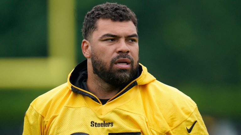 Pittsburgh Steelers defensive lineman Cam Heyward prepares to go through drills during NFL football practice, Tuesday, June 7, 2022, in Pittsburgh. Heyward made his first appearance at organized team activities on Tuesday, June 4, 2024. The longtime defensive captain is hoping to sign a new contract with the team as he enters the final year of his current deal. (Keith Srakocic/AP)