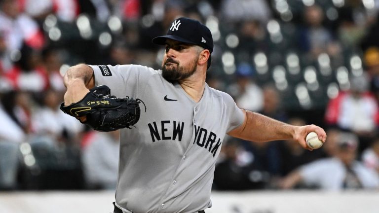 New York Yankees pitcher Carlos Rodón delivers during the first inning of a baseball game against the Chicago White Sox, Friday, Aug. 29, 2025, in Chicago. (Matt Marton/AP)