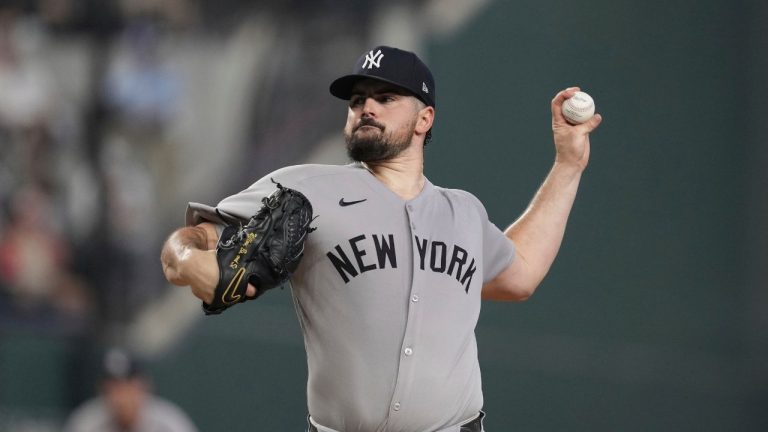 New York Yankees starting pitcher Carlos Rodon throws to the Texas Rangers in a baseball game Wednesday, Aug. 6, 2025, in Arlington, Texas. (Tony Gutierrez/AP)