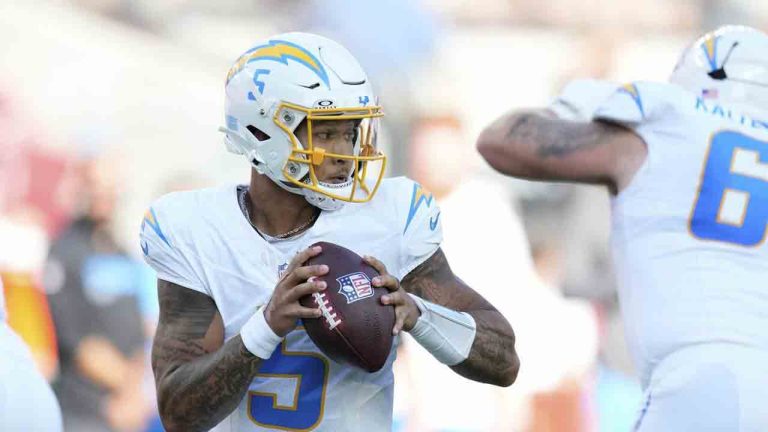 Los Angeles Chargers quarterback Trey Lance (5) drops back to pass against the San Francisco 49ers during the first half of an NFL preseason football game in Santa Clara, Calif., Saturday, Aug. 23, 2025. (Godofredo A. Vásquez/AP)