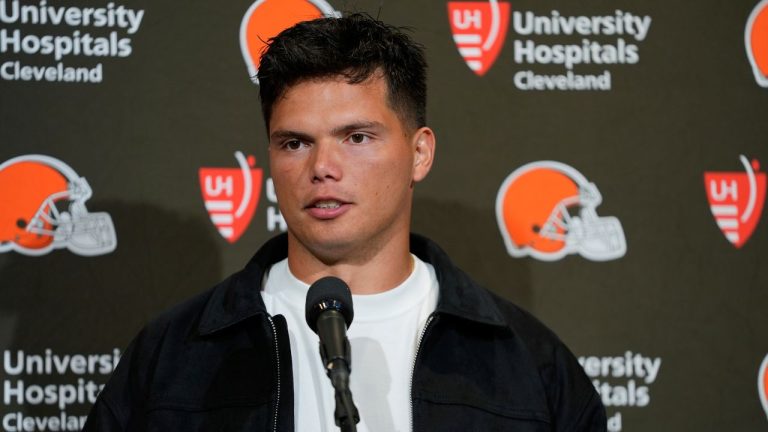 Cleveland Browns quarterback Dillon Gabriel speaks during a news conference after an NFL preseason football game against the Philadelphia Eagles on Saturday, Aug. 16, 2025, in Philadelphia. (Chris Szagola/AP)