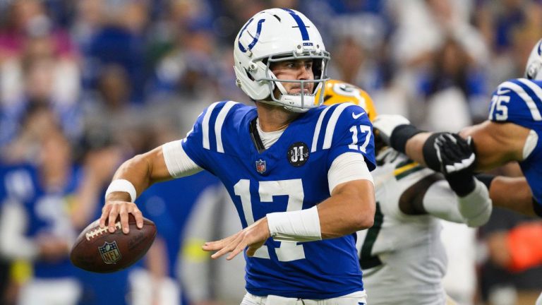 Indianapolis Colts quarterback Daniel Jones (17) throws a pass during an NFL football game against the Green Bay Packers, Saturday, Aug. 16, 2025, in Indianapolis. (Zach Bolinger/AP)