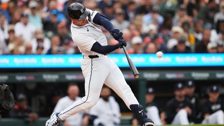 Detroit Tigers' Dillon Dingler hits a one-run triple against the Houston Astros pitcher in the first inning during a baseball game Wednesday, Aug. 20, 2025, in Detroit. (Paul Sancya/AP)
