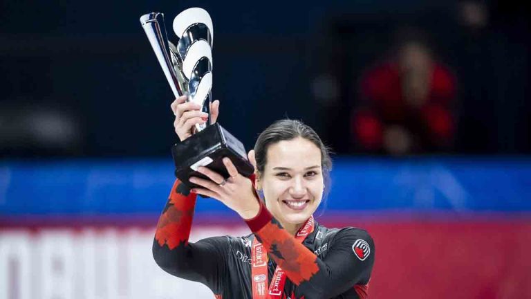 Courtney Sarault of New Brunswick celebrates after being awarded national champion during the Canadian Short Track Championships in Montreal on Sunday, August 31, 2025. (Christopher Katsarov/CP)