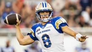 Winnipeg Blue Bombers quarterback Zach Collaros (8) throws the ball during first half CFL action against the Montreal Alouettes in Montreal on Thursday, Aug. 21, 2025. (Christopher Katsarov/CP)