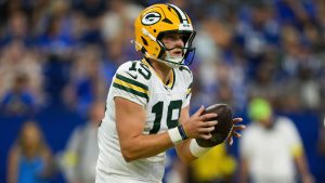 Green Bay Packers quarterback Taylor Elgersma (19) looks downfield during an NFL football game against the Indianapolis Colts, Saturday, Aug. 16, 2025, in Indianapolis. (Zach Bolinger/AP Photo)