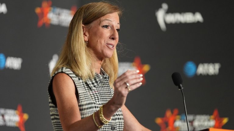 WNBA Commissioner Cathy Engelbert speaks during a news conference before the WNBA All-Star basketball game, Saturday, July 19, 2025, in Indianapolis. (Michael Conroy/AP)