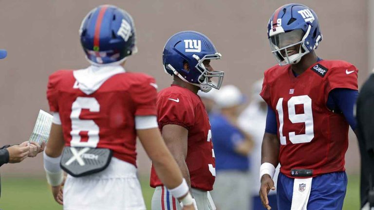 New York Giants quarterback Jameis Winston (19) reacts with Russell Wilson in front of Jaxson Dart (6) during Back Together Weekend at the team's NFL football training camp. (Adam Hunger/AP)
