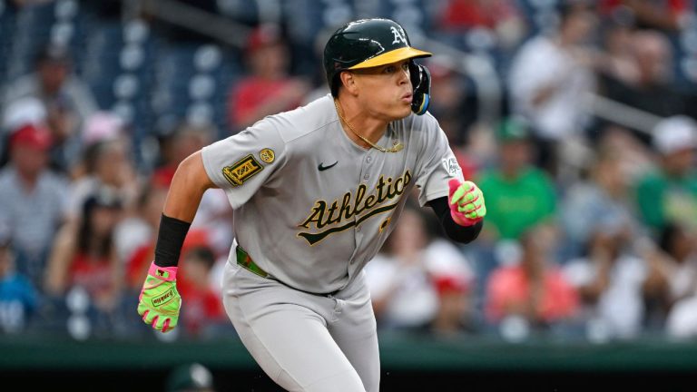 Athletics' Gio Urshela runs after hitting a double against Washington Nationals pitcher MacKenzie Gore during the first inning of a baseball game in Washington, Tuesday, Aug. 5, 2025. (Terrance Williams/AP)