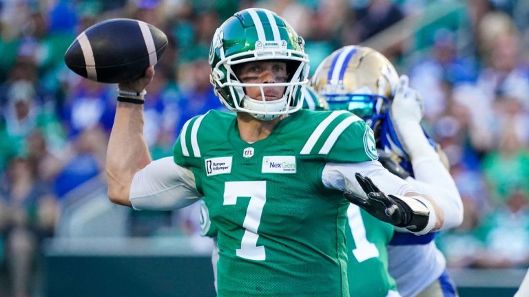 Saskatchewan Roughriders quarterback Trevor Harris (7) throws against Winnipeg Blue Bombers during the first half of CFL football action in Regina, on Sunday, September 1, 2024. (Heywood Yu/THE CANADIAN PRESS)