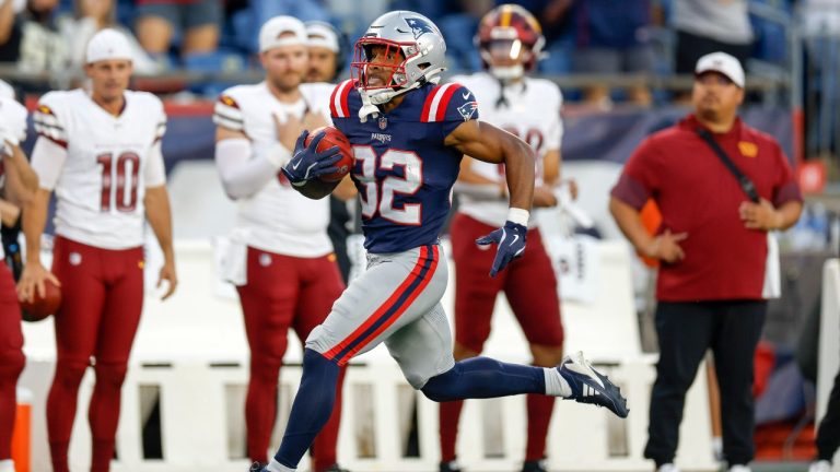 New England Patriots TreVeyon Henderson carries the ball for a run-back touchdown during the first half an NFL pre-season game against the Washington Commanders, Friday, Aug. 8, 2025, in Foxborough, Mass. (Greg M. Cooper/AP)