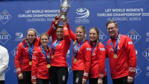 Canada's skip Rachel Homan, Tracy Fleury, Emma Miskew, Sarah Wilkes, Rachel Brown and coach Viktor Kjell, from left to right, pose for the photographers after winning the gold medal match against Switzerland at the World Women's Curling Championship in Uijeongbu, South Korea, Sunday, March 23, 2025. (Lee Jin-man/AP)