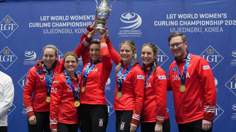 Canada's skip Rachel Homan, Tracy Fleury, Emma Miskew, Sarah Wilkes, Rachel Brown and coach Viktor Kjell, from left to right, pose for the photographers after winning the gold medal match against Switzerland at the World Women's Curling Championship in Uijeongbu, South Korea, Sunday, March 23, 2025. (Lee Jin-man/AP)