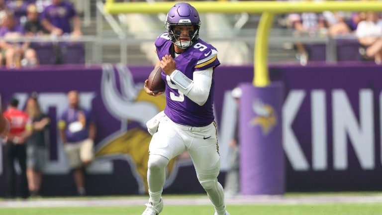 Minnesota Vikings quarterback J.J. McCarthy (9) runs the ball against the Houston Texans during the first half of an NFL preseason football game, Saturday, Aug. 9, 2025, in Minneapolis. (Matt Krohn/AP)