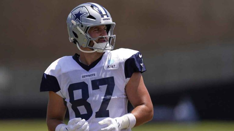 Dallas Cowboys tight end Jake Ferguson stands on the field during training camp. (Mark J. Terrill/AP)
