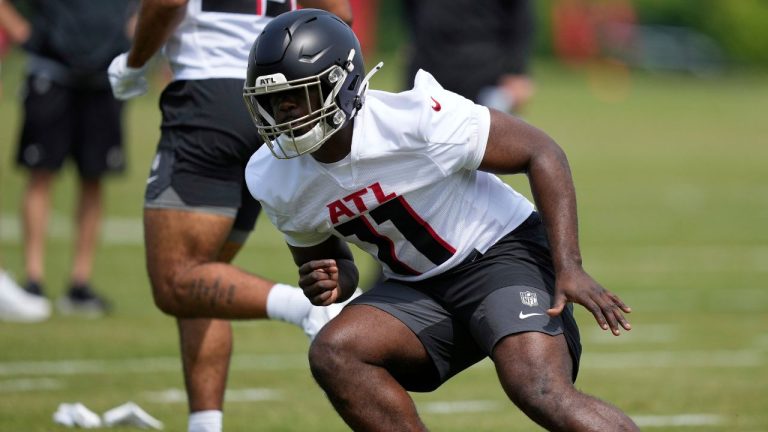 Atlanta Falcons edge rusher Jalon Walker (11) runs drills during the NFL football team's rookie minicamp, Friday, May 9, 2025, in Flowery Branch, Ga. (Brynn Anderson/AP)