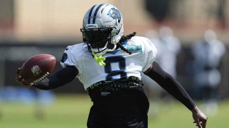 Carolina Panthers cornerback Jaycee Horn participates during an NFL football training camp. (Chris Carlson/AP)