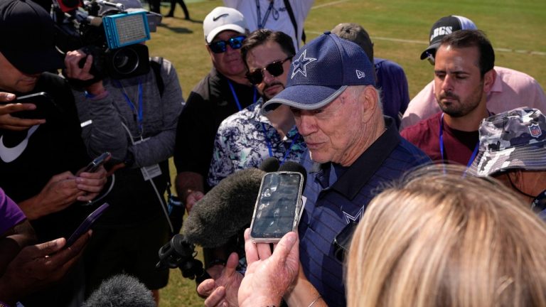 Jerry Jones, Dallas Cowboys owner, president, and general manager speaks to reporters after a training camp scrimmage against the Los Angeles Rams, Tuesday, Aug. 5, 2025, in Oxnard, Calif. (Mark J. Terrill/AP)