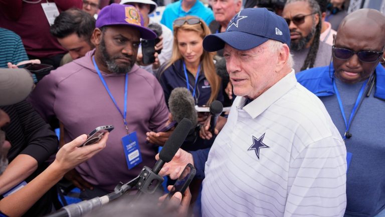 Jerry Jones, Dallas Cowboys owner, president, and general manager speaks to reporters during a news conference to open training camp Monday, July 21, 2025, in Oxnard, Calif. (Mark J. Terrill/AP)
