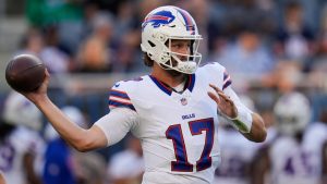 Buffalo Bills quarterback Josh Allen warms up before a preseason NFL football game against the Chicago Bears Sunday, Aug. 17, 2025, in Chicago. (Erin Hooley/AP)