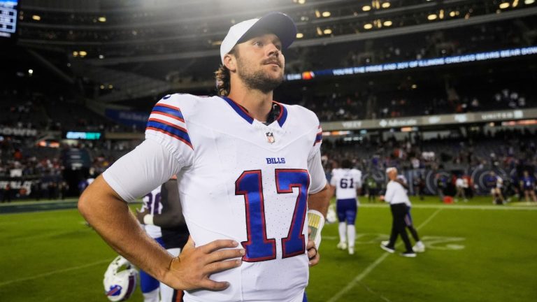 Buffalo Bills quarterback Josh Allen stands on the field after a preseason NFL football game against the Chicago Bears Sunday, Aug. 17, 2025, in Chicago. (Erin Hooley/AP)