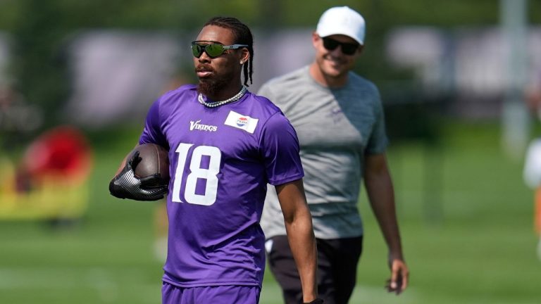 Minnesota Vikings wide receiver Justin Jefferson (18) and head coach Kevin O'Connell stands on the field during the team's NFL football training camp Monday, July 28, 2025, in Eagan, Minn. (Abbie Parr/AP)