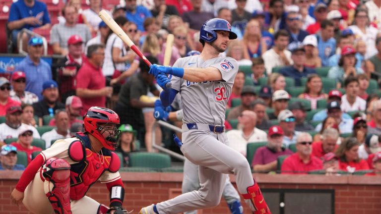 Chicago Cubs' Kyle Tucker follows through on an RBI single during the first inning of a baseball game against the St. Louis Cardinals Saturday, Aug. 9, 2025, in St. Louis. (Jeff Roberson/AP)
