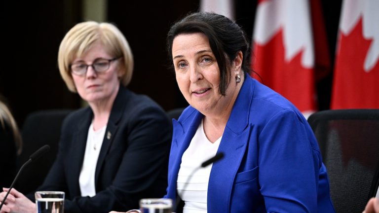 Justice Lise Maisonneuve, who will lead the Future of Sport in Canada Commission, participates in a news conference with Minister of Sport and Physical Activity Carla Qualtrough, at the National Press Theatre in Ottawa, on Thursday, May 9, 2024. (Justin Tang/CP)