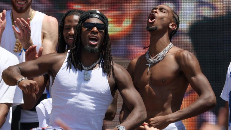 Oklahoma City Thunder guards Luguentz Dort, left, and Shai Gilgeous-Alexander react during a celebration of the Thunder's NBA basketball championship Tuesday, June 24, 2025, in Oklahoma City. (Nate Billings/AP)