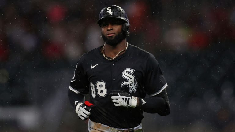 Chicago White Sox's Luis Robert Jr. reacts after flying out in the eighth inning of a baseball game against the Atlanta Braves, Wednesday, Aug. 20, 2025, in Atlanta. (Colin Hubbard/AP)