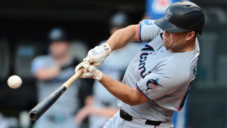 Miami Marlins' Jakob Marsee hits a three run home run off Cleveland Guardians starting pitcher Gavin Williams during the first inning of a baseball game, Wednesday, Aug. 13, 2025, in Cleveland. (David Dermer/AP)