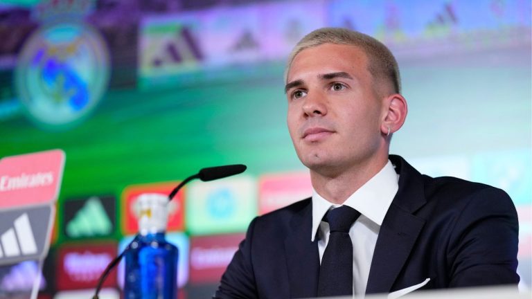 Real Madrid's new signing Argentine soccer player Franco Mastantuono attends during a press conference during his official presentation at Real Madrid's Valdebebas training ground in Madrid, Spain, Thursday, Aug. 14, 2025. (Manu Fernandez/AP)