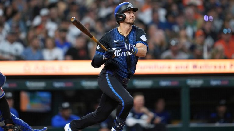 Detroit Tigers' Zach McKinstry hits a triple against the Kansas City Royals in the fifth inning during a baseball game Friday, Aug. 22, 2025, in Detroit. (Paul Sancya/AP)