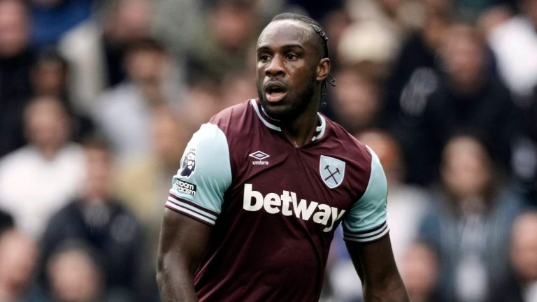 West Ham's Michail Antonio runs into position during their English Premier League soccer match against Tottenham Hotspur, at the Tottenham Hotspur Stadium in London, Saturday, Oct 19, 2024. (Dave Shopland/AP)