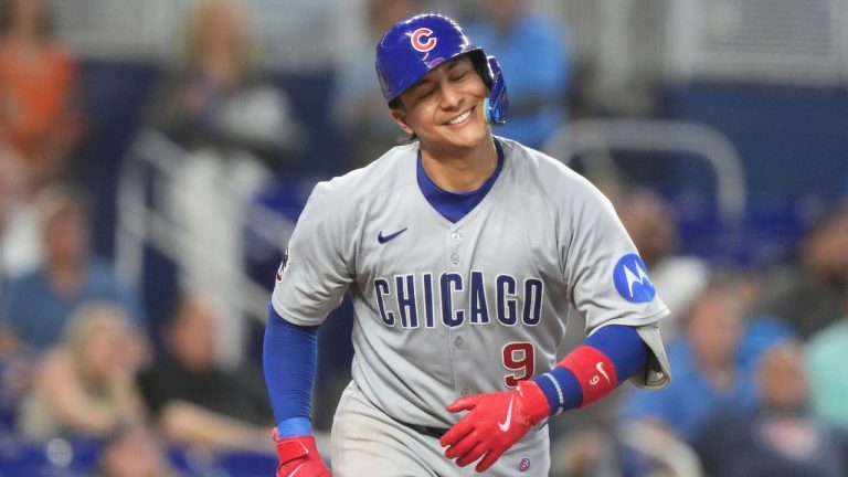 Chicago Cubs' Miguel Amaya (9) reacts after flying out during the second inning of a baseball game against the Miami Marlins Wednesday, May 21, 2025, in Miami. (Lynne Sladky/AP)