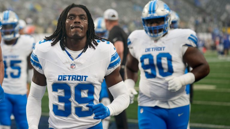 Detroit Lions cornerback Morice Norris (39) runs off the field after warming up before an NFL football game against the New York Giants, Thursday, Aug. 8, 2024, in East Rutherford, N.J. (Seth Wenig/AP)