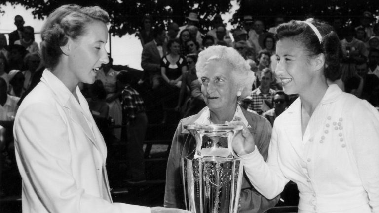 FILE - From left, Angela Mortimer, Hazel H. Wightman and Maureen Connolly are seen following a match between Mortimer and Connolly at the 25th Wightman Cup competition in Rye, N.Y., on Aug. 1, 1953. (Harry Harris/AP)