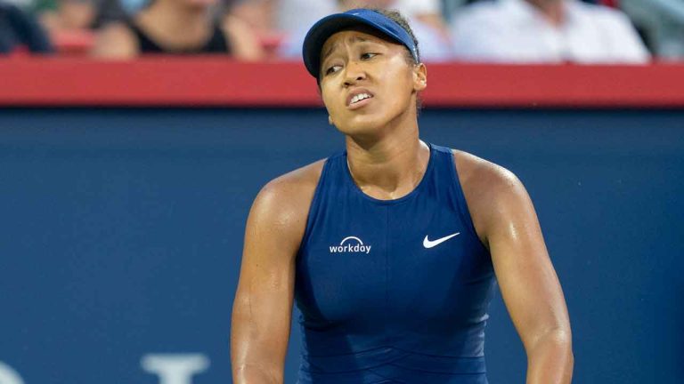 Naomi Osaka of Japan reacts during her game against Victoria Mboko of Canada during finals tennis action at the National Bank Open in Montreal. (Christinne Muschi/CP)
