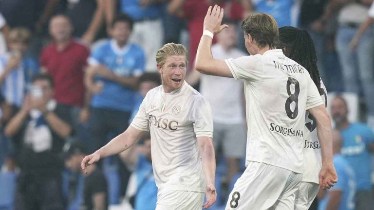 Napoli's Kevin De Bruyne celebrates with teammate Scott McTominay after scoring during the Italian Serie A soccer match between Sassuolo and Napoli at the Mapei Stadium Città del Tricolore in Reggio Emilia. (Massimo Paolone/AP)