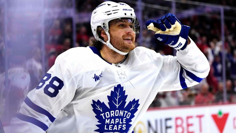Toronto Maple Leafs' William Nylander (88) reacts after scoring an empty net goal against the Ottawa Senators during third period NHL playoff hockey action in Ottawa, on Thursday, May 1, 2025. (Justin Tang/CP)
