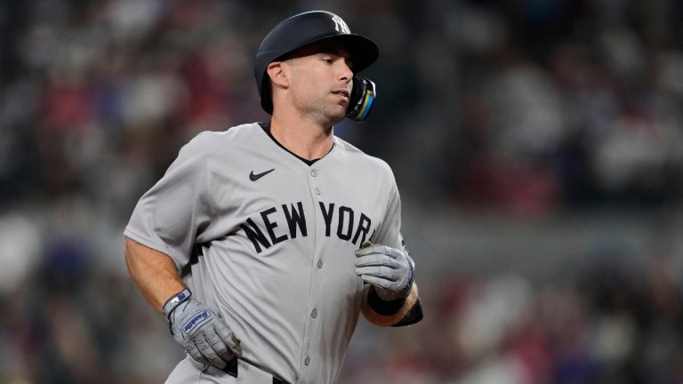 New York Yankees' Paul Goldschmidt rounds the bases after hitting a solo home run in the seventh inning of a baseball game against the Texas Rangers Wednesday, Aug. 6, 2025, in Arlington, Texas. (Tony Gutierrez/AP)